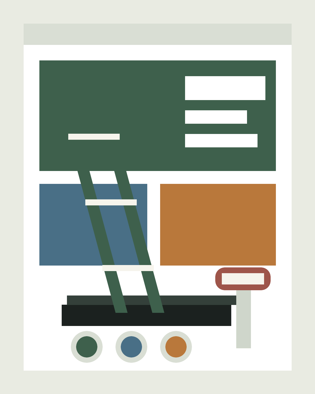 Paint roller, tray, ladder, and color cards arranged for a home painting project